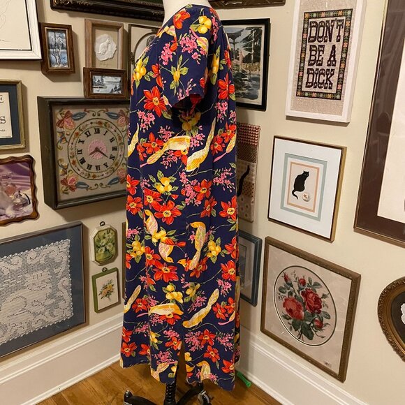 Vintage Blue Yellow Red Hawaiian Bird Print Barkcloth Short Sleeve Maxi Dress 2X - Picture 2 of 3
